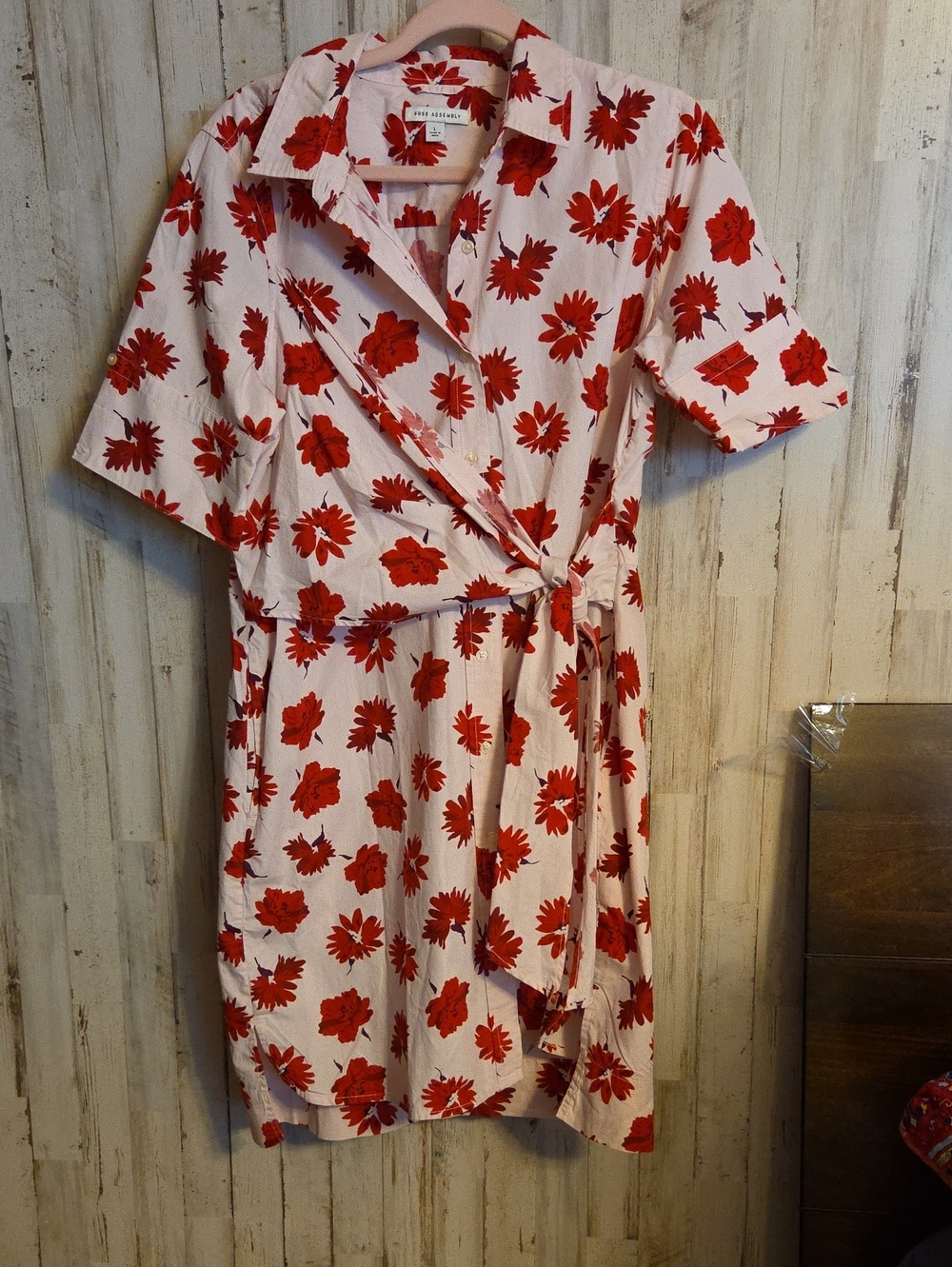 Free Assembly Short Red Floral Wrap Dress with Tie Waist - Women